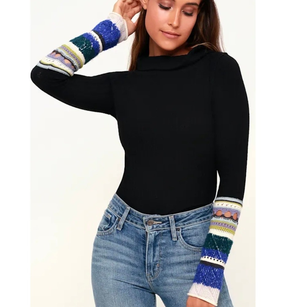 Free People Black Ribbed Mock Neck Top Multi Color Contrast Cuffs Size M